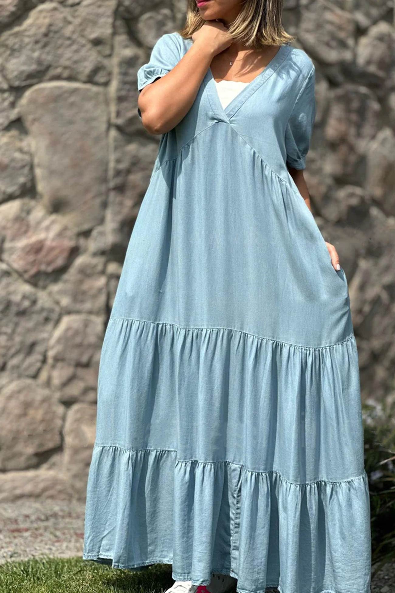 Robe d’Été Femme Via – Robe à Manches Courtes avec Col en V & Effet Superposé en Jean