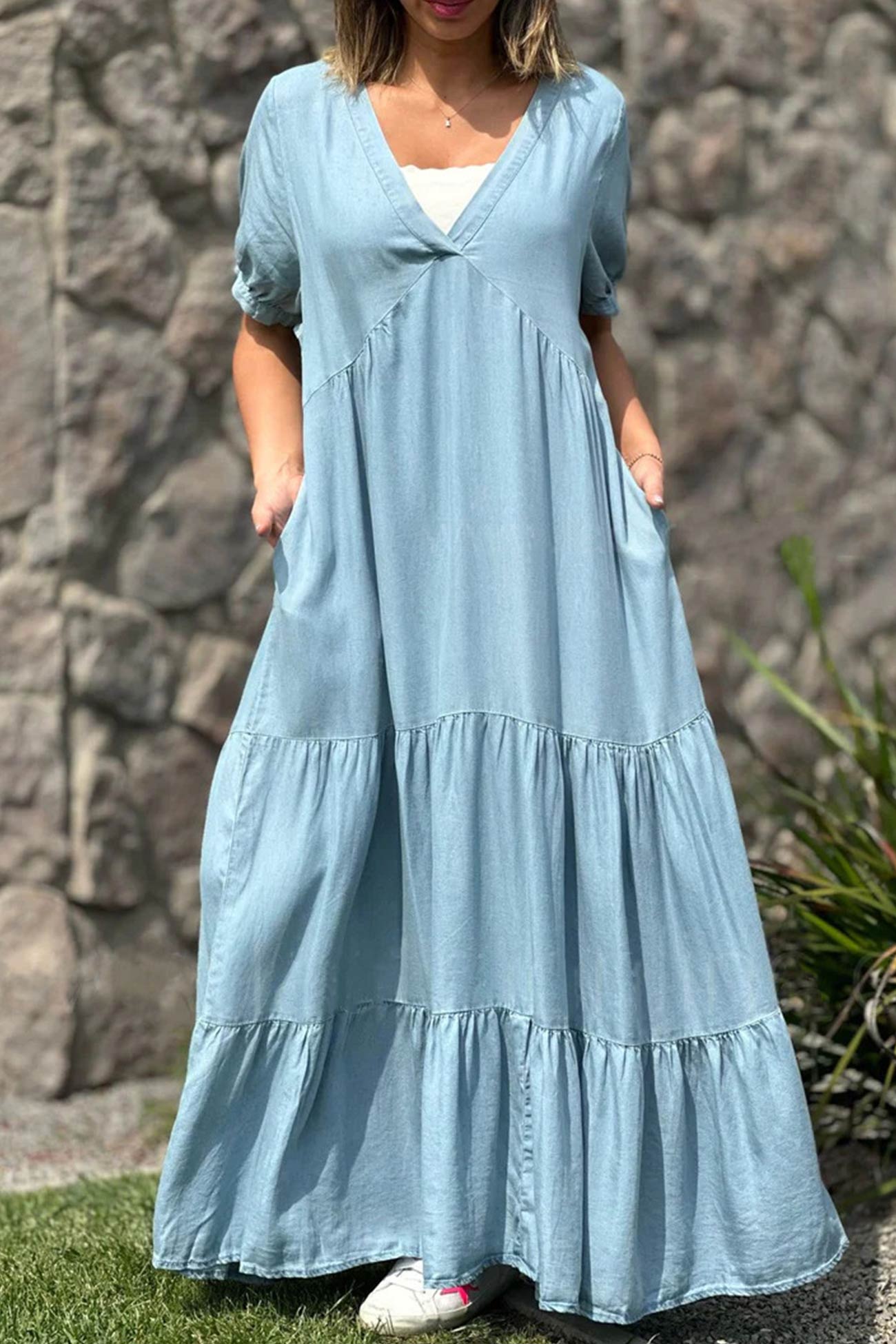 Robe d’Été Femme Via – Robe à Manches Courtes avec Col en V & Effet Superposé en Jean
