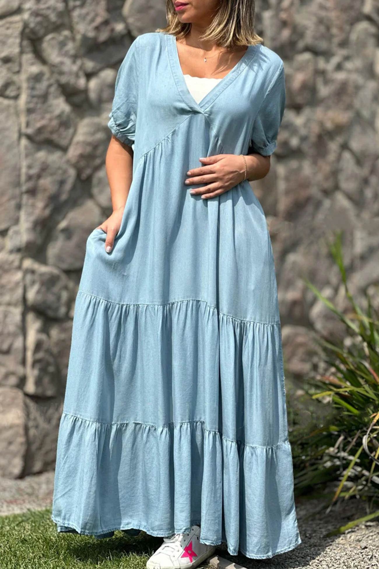 Robe d’Été Femme Via – Robe à Manches Courtes avec Col en V & Effet Superposé en Jean