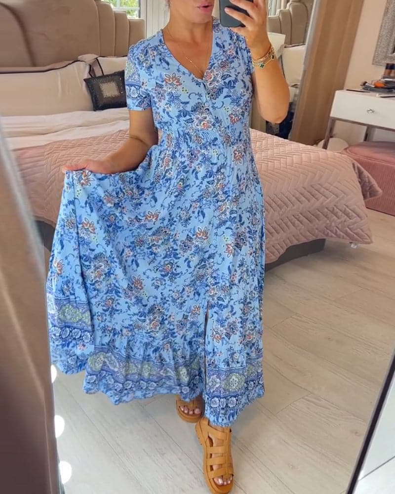 Vernelie Maxi šaty pre ženy – Kvetované zapínané šaty, voľný strih a romantický štýl