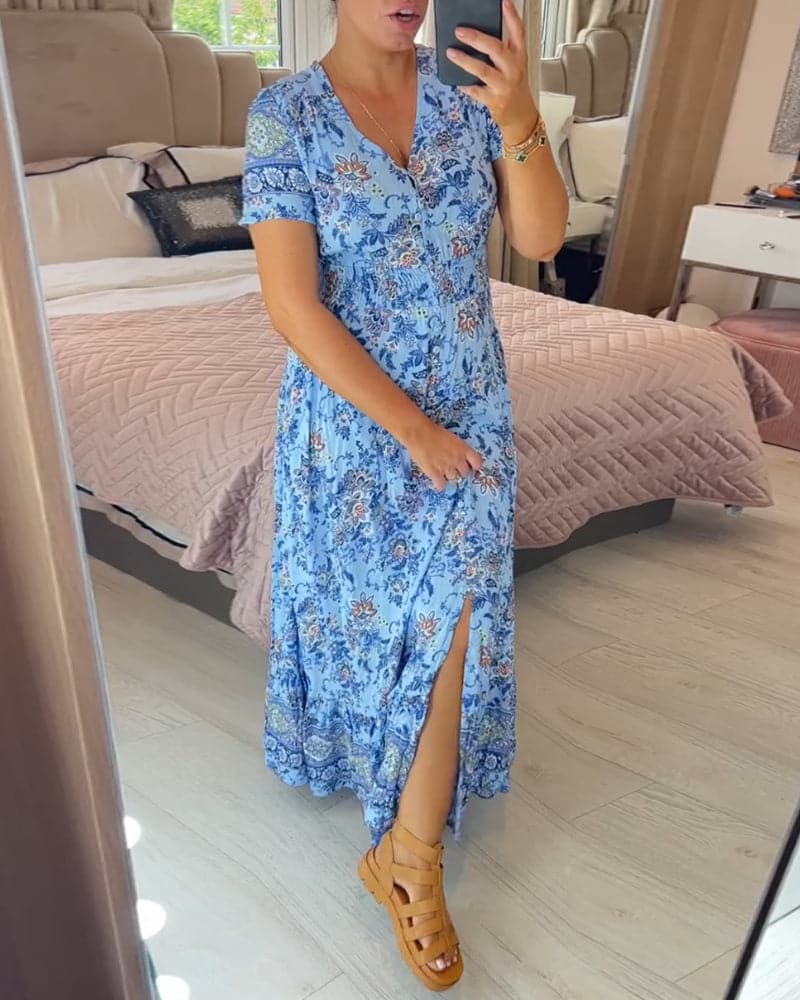 Vernelie Maxi šaty pre ženy – Kvetované zapínané šaty, voľný strih a romantický štýl