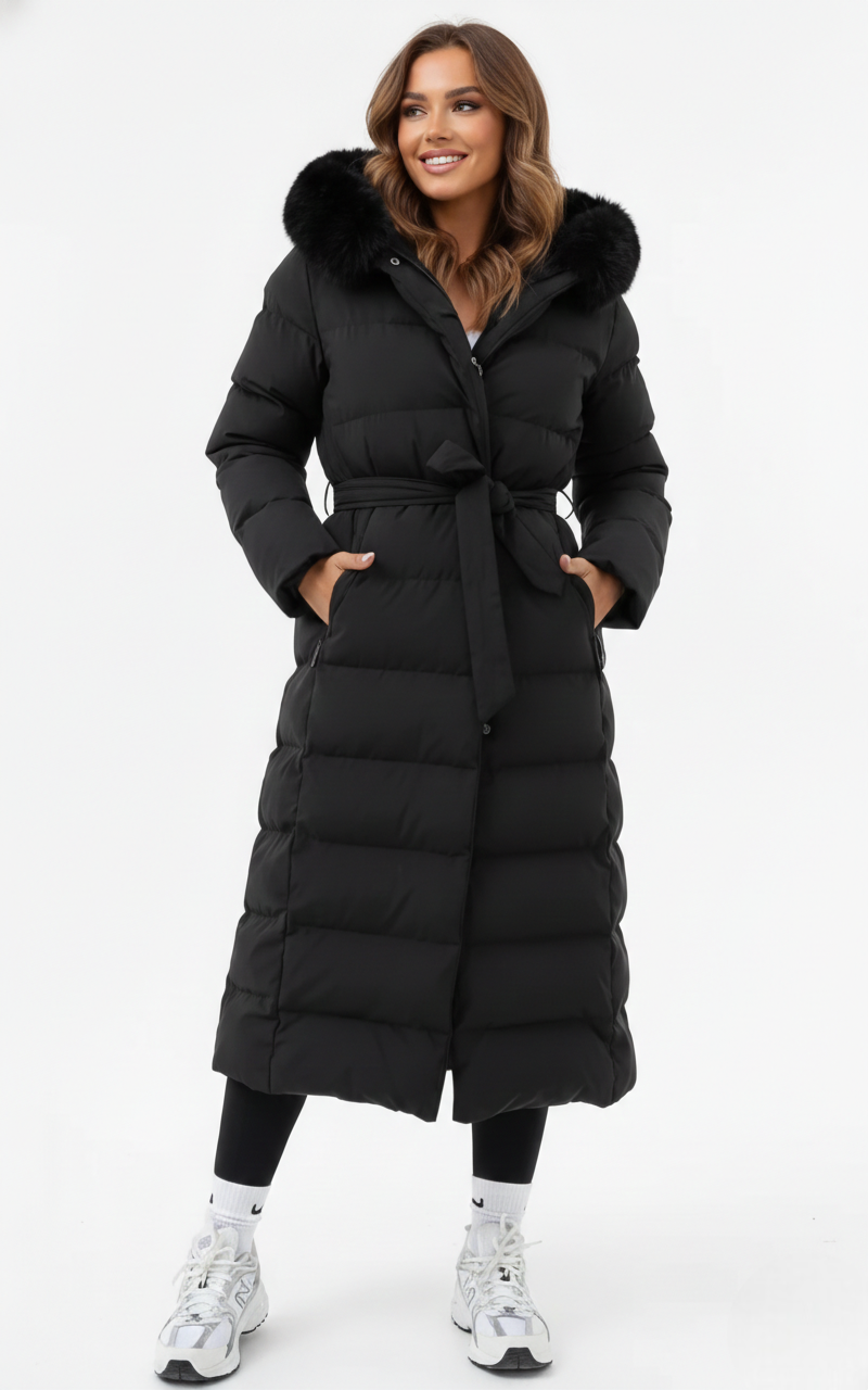Vera Manteau Long d’Hiver Femme – Doudoune Élégante avec Col en Fausse Fourrure et Ceinture