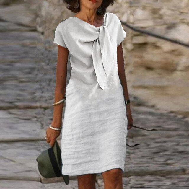 Sukienka lniana Ava dla kobiet – ozdobna kokarda, swobodny szyk i naturalna lekkość