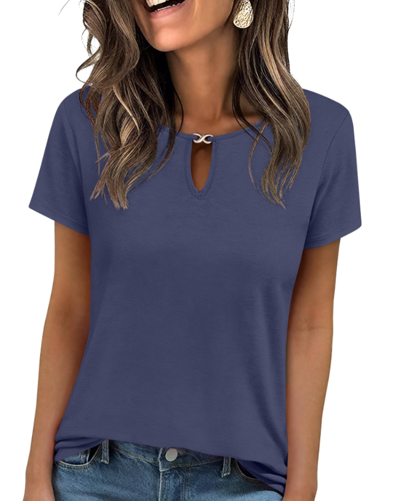 Veya Top Femme – T-shirt Elegante com Decote em Gota, Corte Ajustado Casual Chic Verão