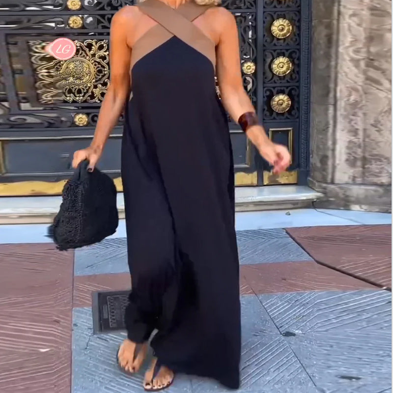 Sienna Long Dress Woman – Elegant Summer Dress with Crossed Straps & Casual Cut