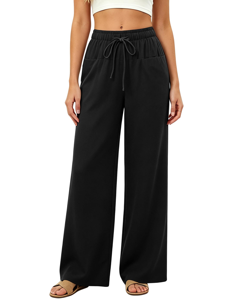 Ginevra Pantalon Palazzo Femme – Coton & Lin, Taille Haute à Cordon, 4 Poches