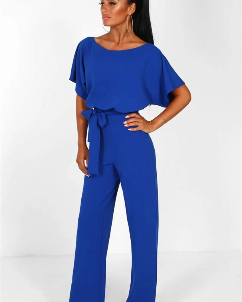 Delphine jumpsuit for dame – korte ermer, rund hals, elastisk midje og belte
