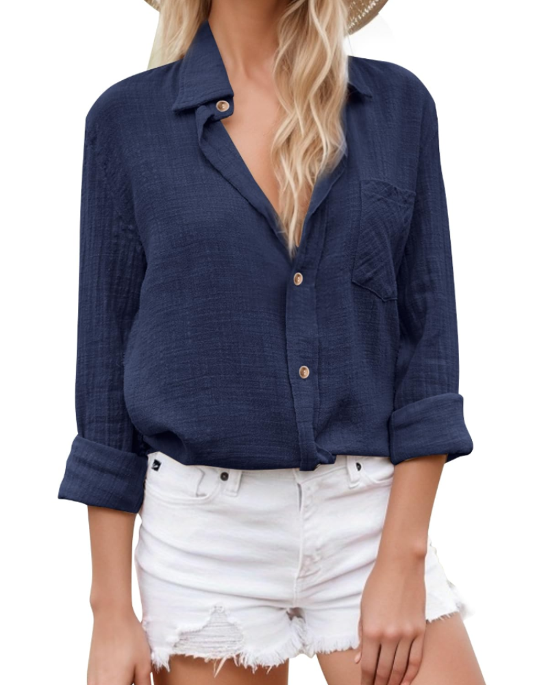 Lucienne Chemise Femme – 100 % Coton, Col V Boutonné, Manches Longues & Coupe Ample