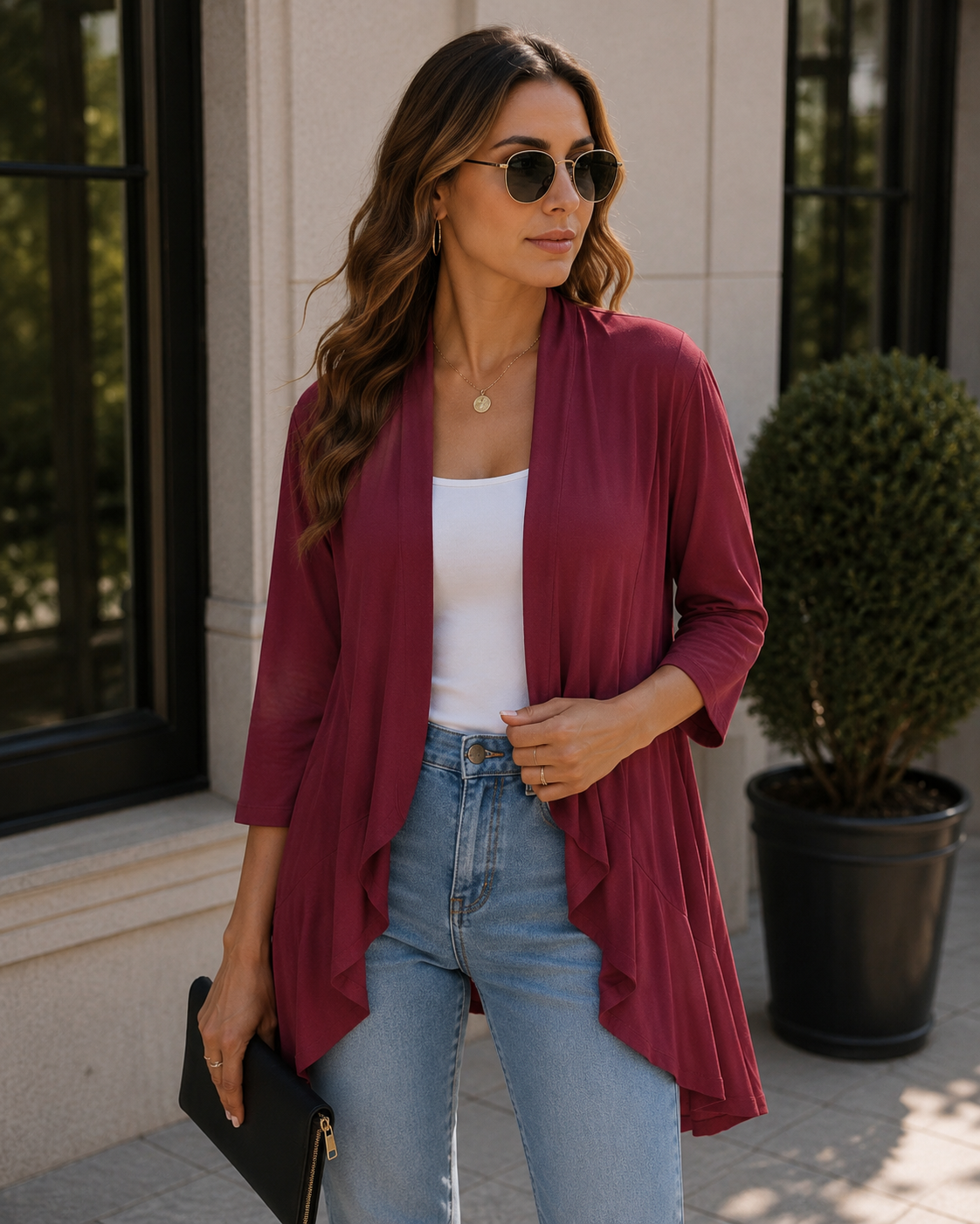 Gilet leggero da donna Kaia – Aperto, maniche a 3/4, taglio fluido e bordo volant