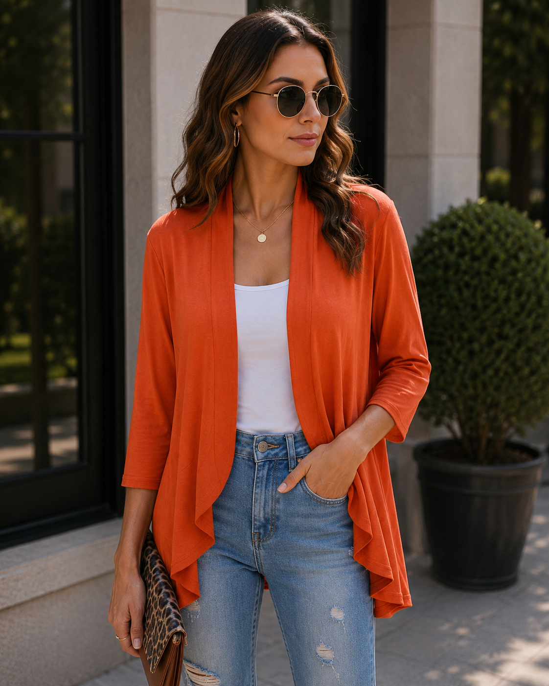 Gilet leggero da donna Kaia – Aperto, maniche a 3/4, taglio fluido e bordo volant