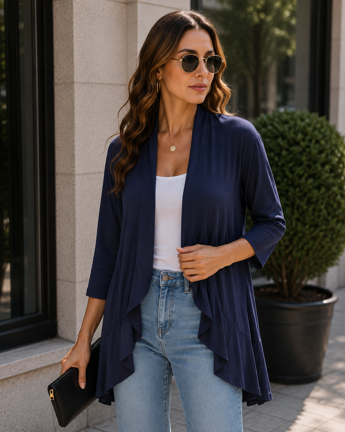 Gilet leggero da donna Kaia – Aperto, maniche a 3/4, taglio fluido e bordo volant