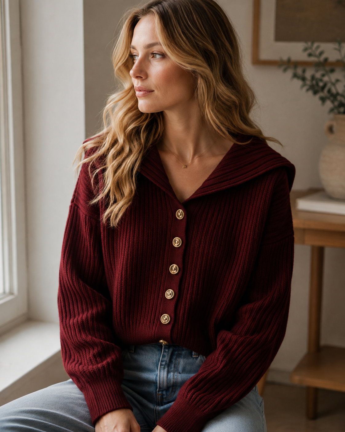 Bexley Cardigan en Maille Femme – Col Marin, Boutonné & Texture Côtelée