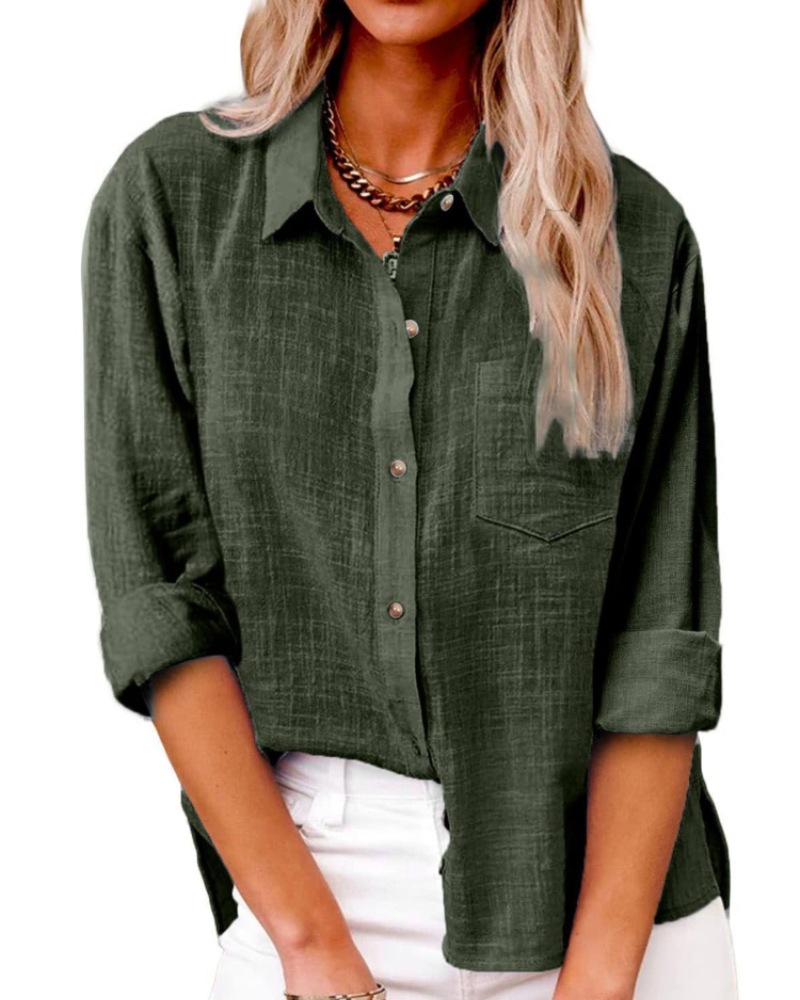 Lucienne Chemise Femme – 100 % Coton, Col V Boutonné, Manches Longues & Coupe Ample