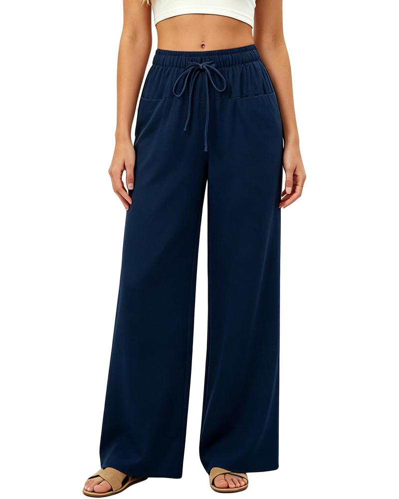 Ginevra Pantalon Palazzo Femme – Coton & Lin, Taille Haute à Cordon, 4 Poches