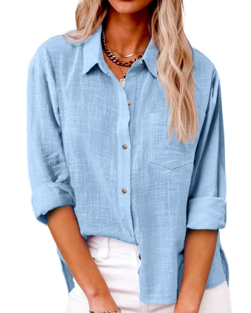 Lucienne Chemise Femme – 100 % Coton, Col V Boutonné, Manches Longues & Coupe Ample