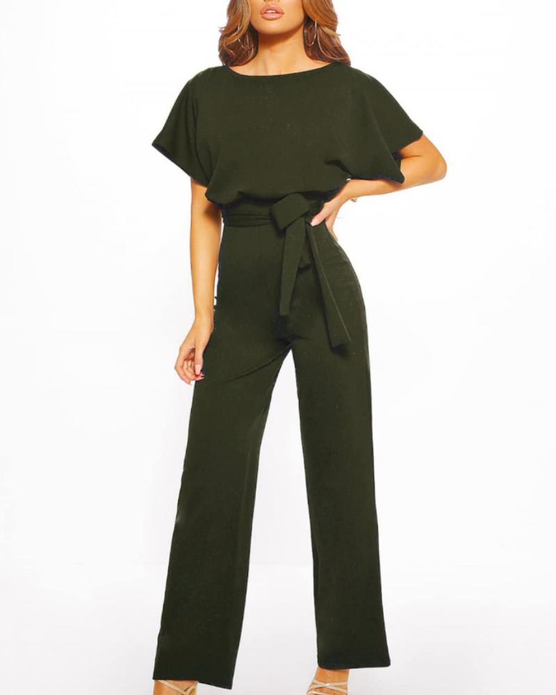 Delphine jumpsuit for dame – korte ermer, rund hals, elastisk midje og belte