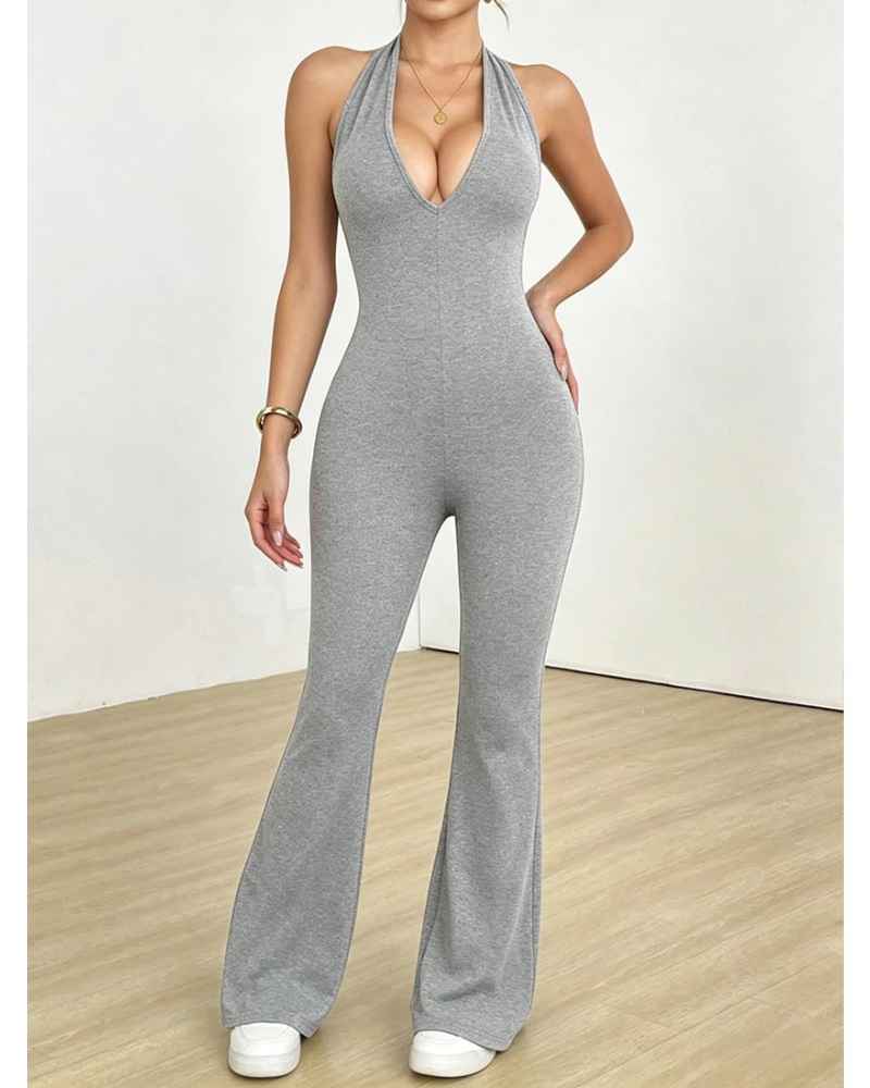 Calanthe Combinaison Sport Femme – Sans Coutures, Col V Dos Nu, Coupe Ajustée & Pantalon Évasé