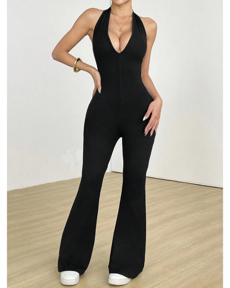 Calanthe Combinaison Sport Femme – Sans Coutures, Col V Dos Nu, Coupe Ajustée & Pantalon Évasé