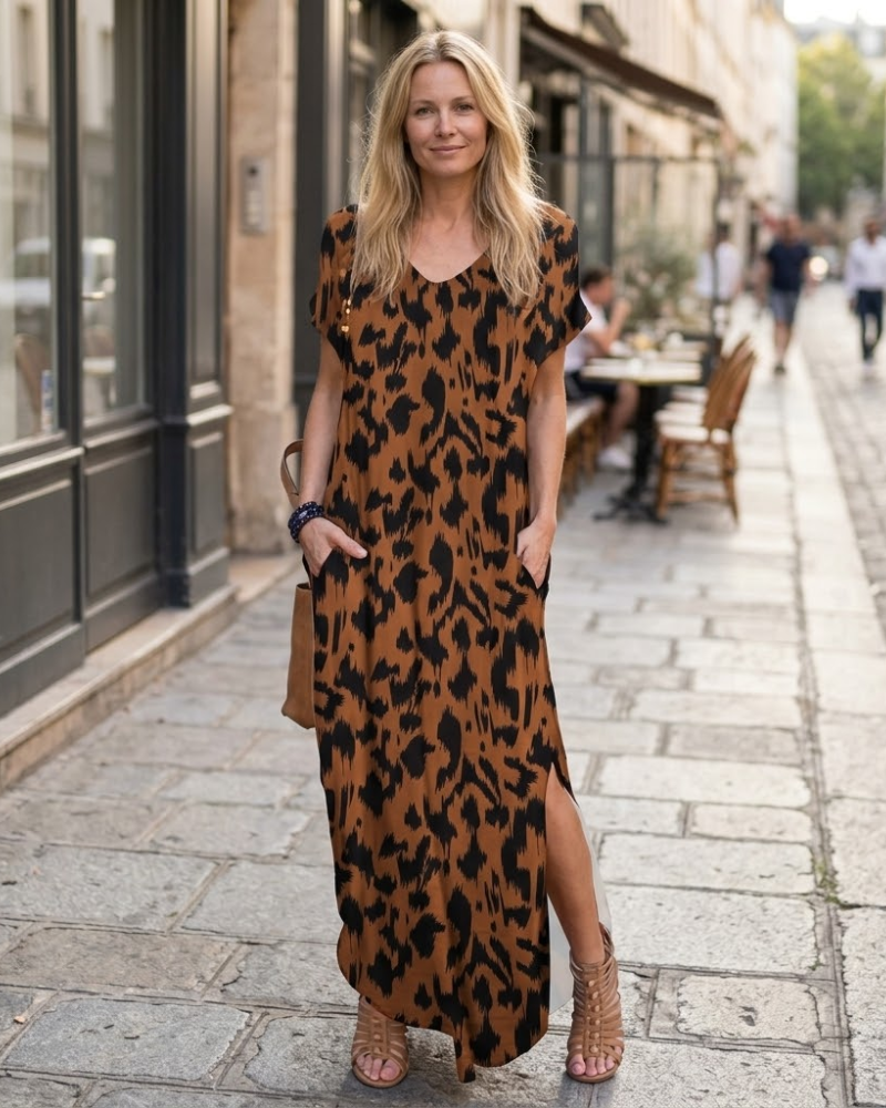 Julie Robe Maxi Femme – Robe Longue Col V Fendue Casual Été Fluide Élégante