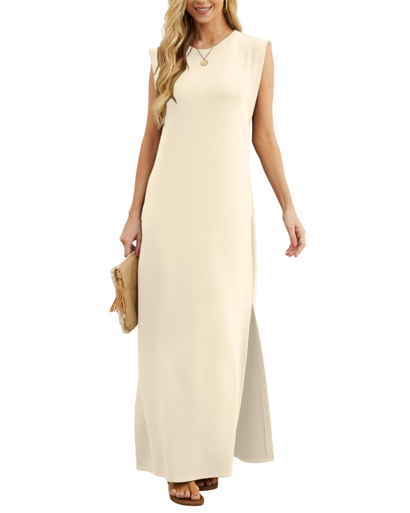 Vestito lungo estivo da donna Erin – senza maniche, collo tondo, spacco e tasche