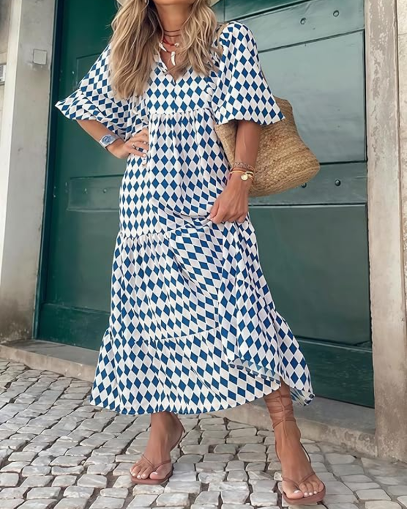 Rina Robe Boho Femme – Imprimé Floral, Col V & Manches Bouffantes Fluide Été