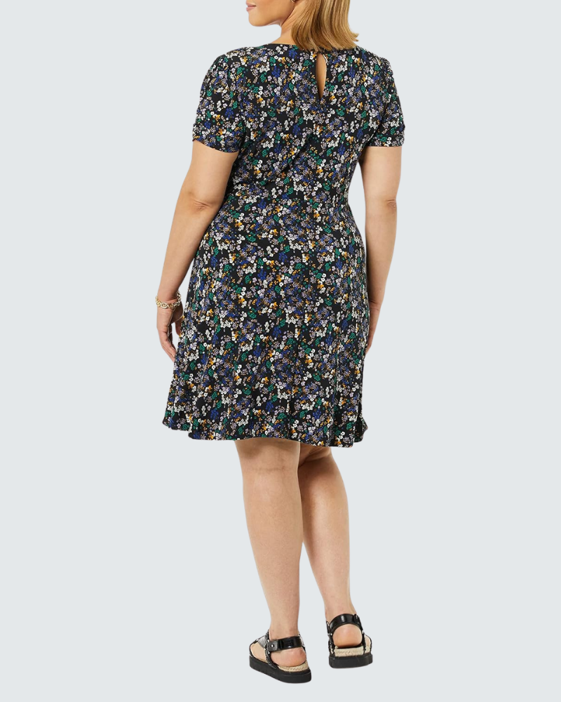 Girlie Robe Femme A-Line – Col Rond, Manches Courtes Froncées, Coupe Fluide