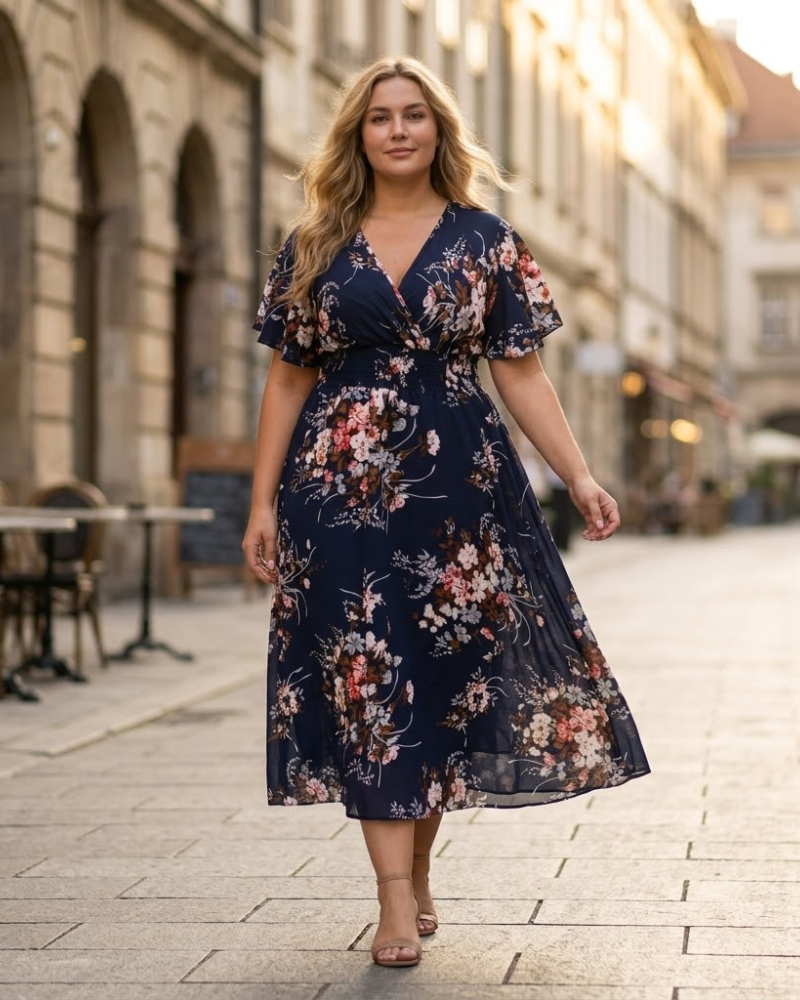 Élise Dámské šaty – Midi šaty s květinovým vzorem, výstřih do V, áčkový střih, lněné bavlněné, lehké, elegantní, letní