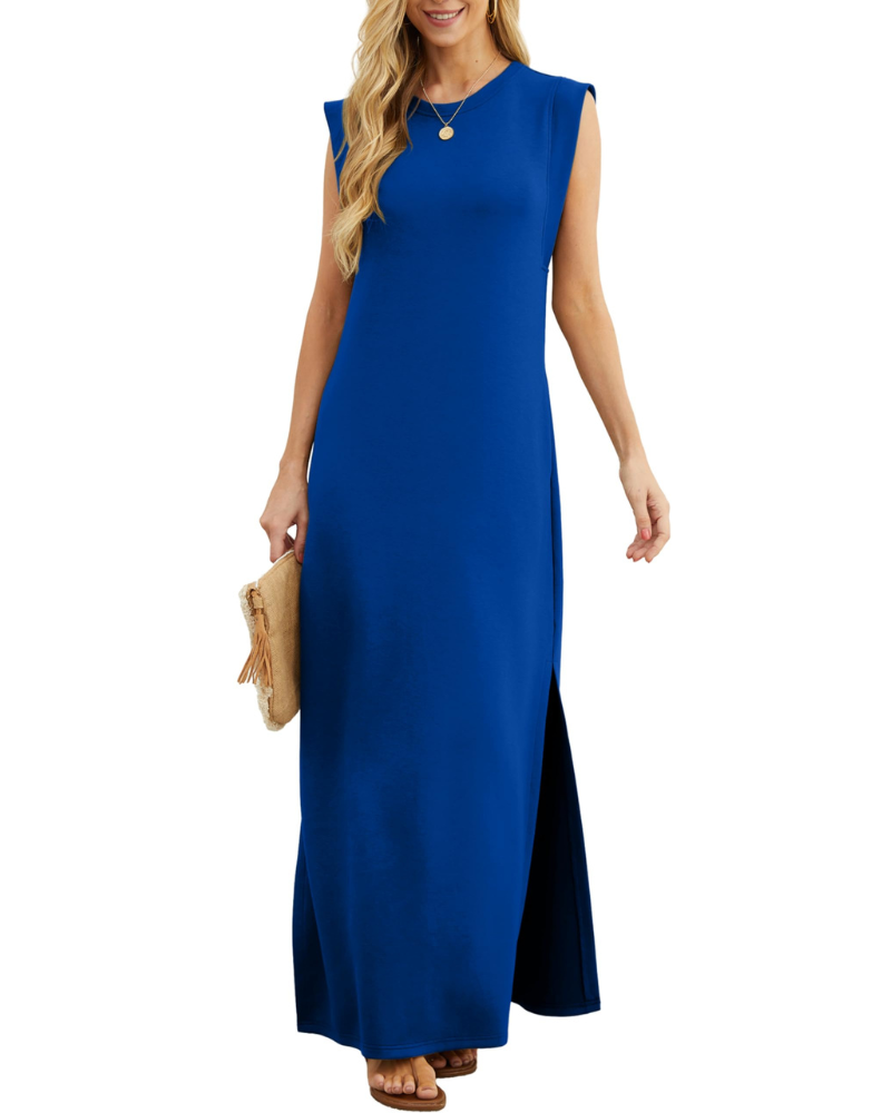 Vestito lungo estivo da donna Erin – senza maniche, collo tondo, spacco e tasche