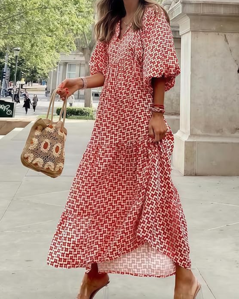 Rina Kjole Boho Femme – Blomstret Print, V-Hals & Let Flydende Puffærmer Sommer