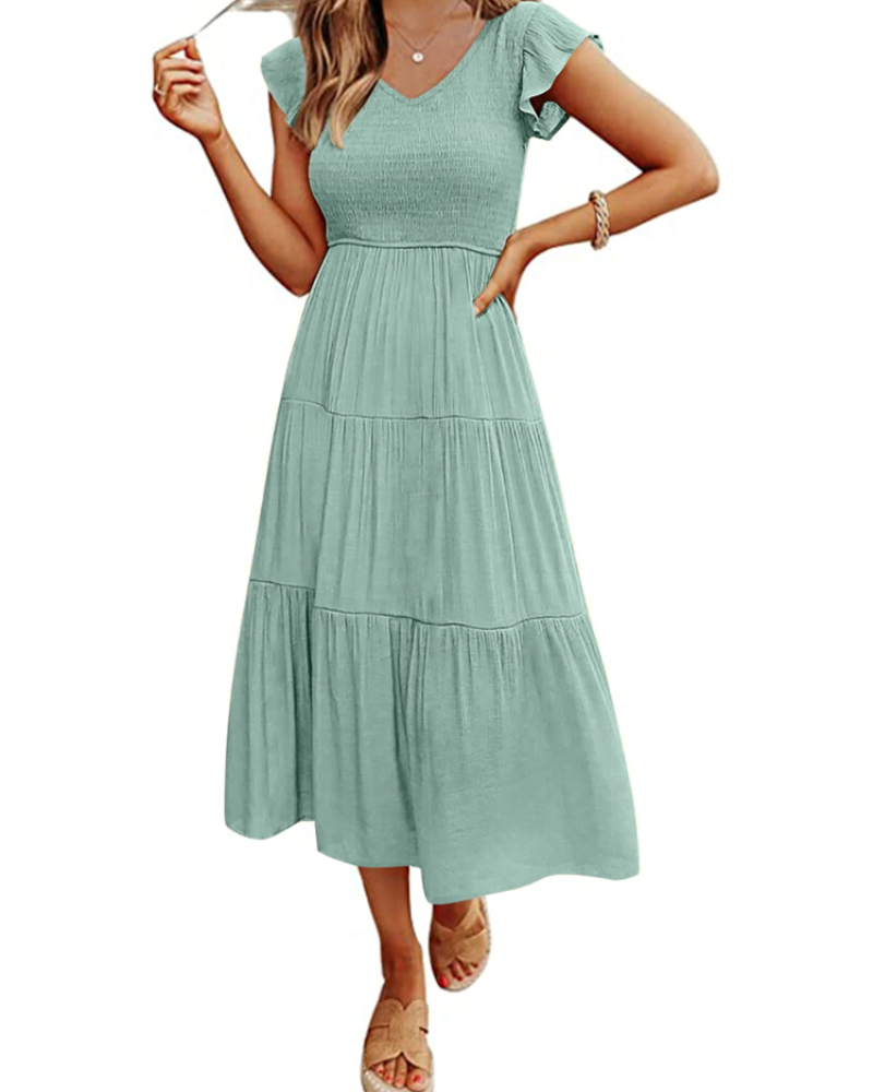 Vestito Midi Skye da Donna – Scollo a V, Arricciato, Maniche a Volant e Tasche