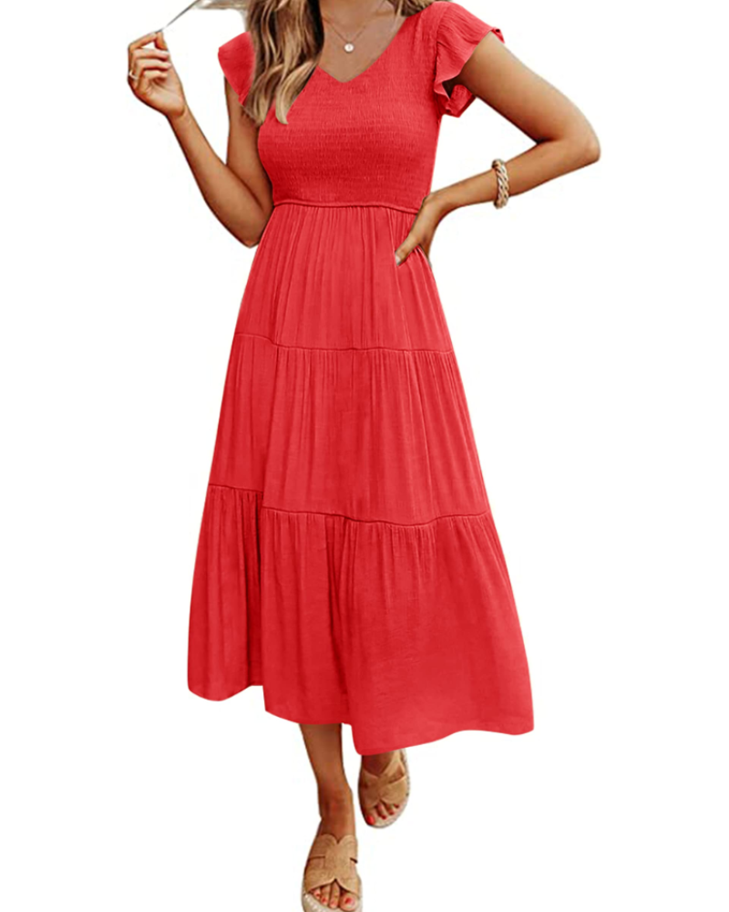 Vestito Midi Skye da Donna – Scollo a V, Arricciato, Maniche a Volant e Tasche
