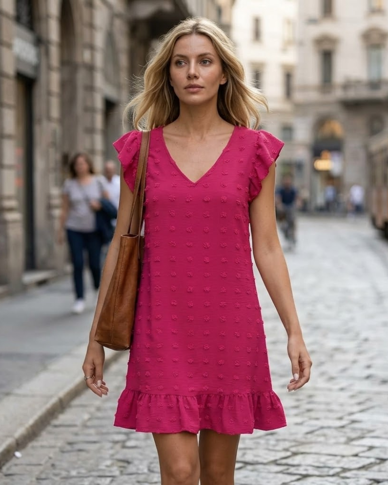 Chloé Φόρεμα Γυναικείο – Midi Φόρεμα με V Λαιμόκοψη, Κοντά Μανίκια, Βολάν, Γραμμή A, Καλοκαίρι