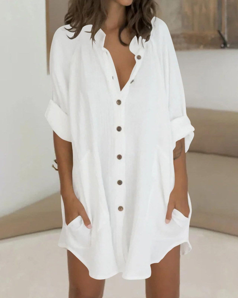 Vanessa Tunique Femme Été – Chemise Lin Coton Oversize Manches 3/4