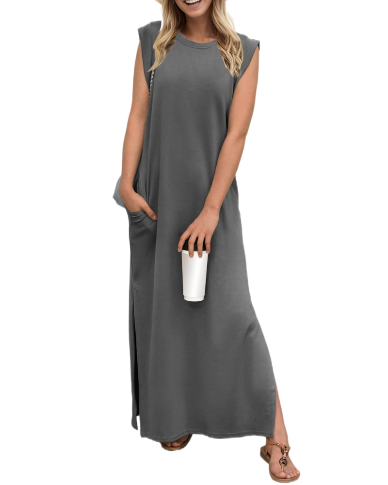 Vestito lungo estivo da donna Erin – senza maniche, collo tondo, spacco e tasche
