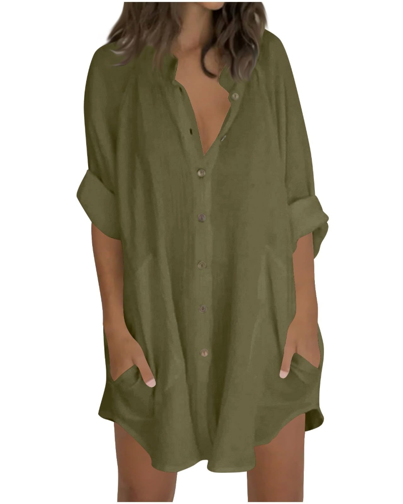 Vanessa Tunique Femme Été – Chemise Lin Coton Oversize Manches 3/4