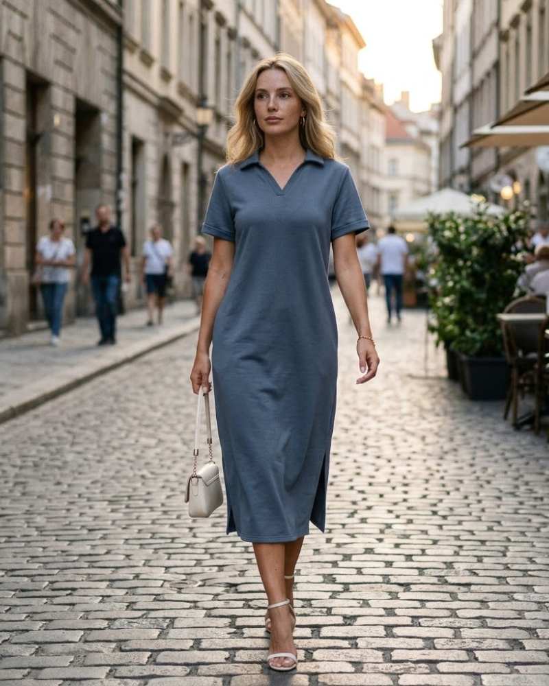 Claire Robe Maxi Polo Femme – Robe Élégante Sans Plis avec Poches Été Confort