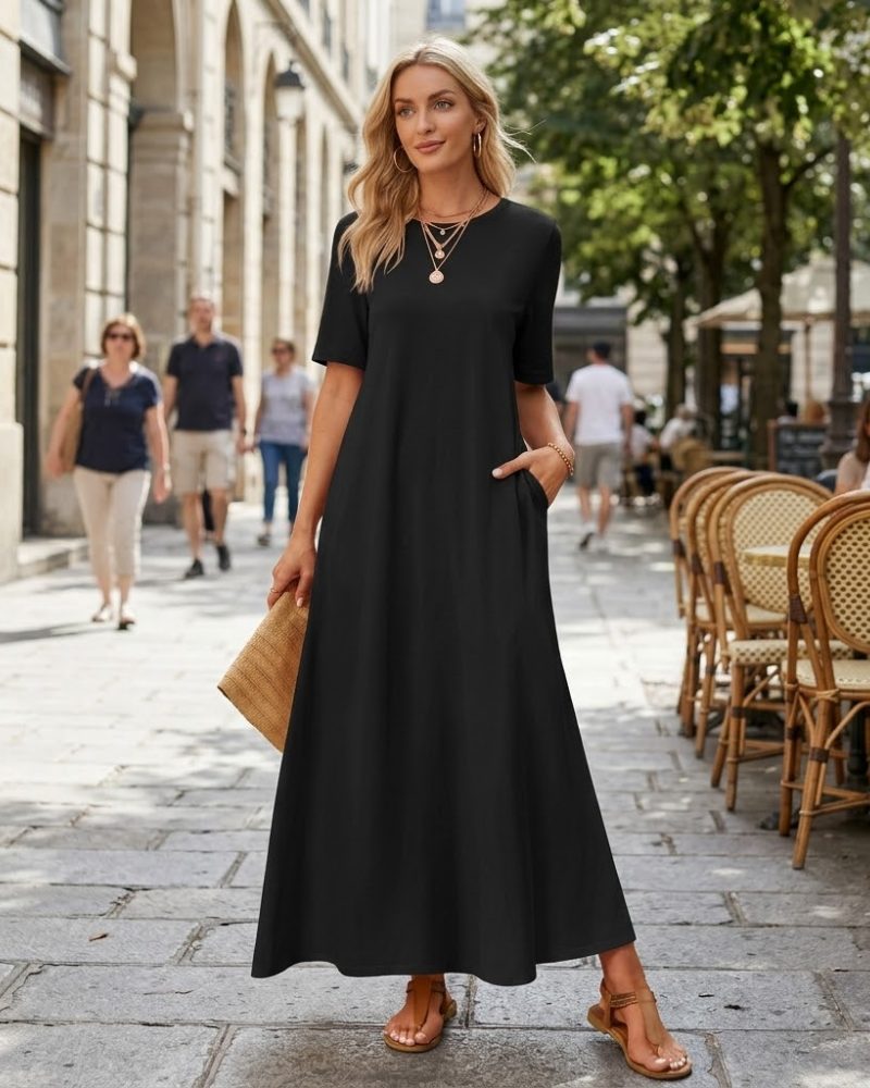 Julie Robe Maxi Femme – Robe Longue Manche Courte Avec Poches Casual Élégante