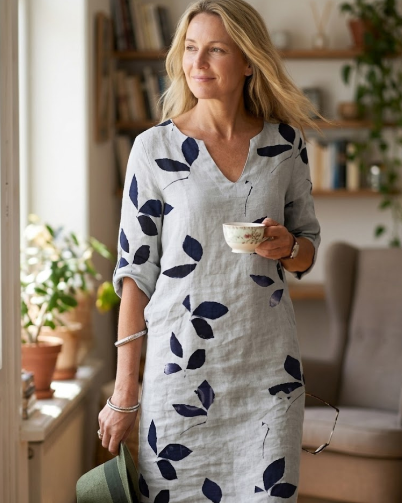 Madie Elegant Damekjole – Flydende Kjole med Bladprint, Figursyet & Komfortabel