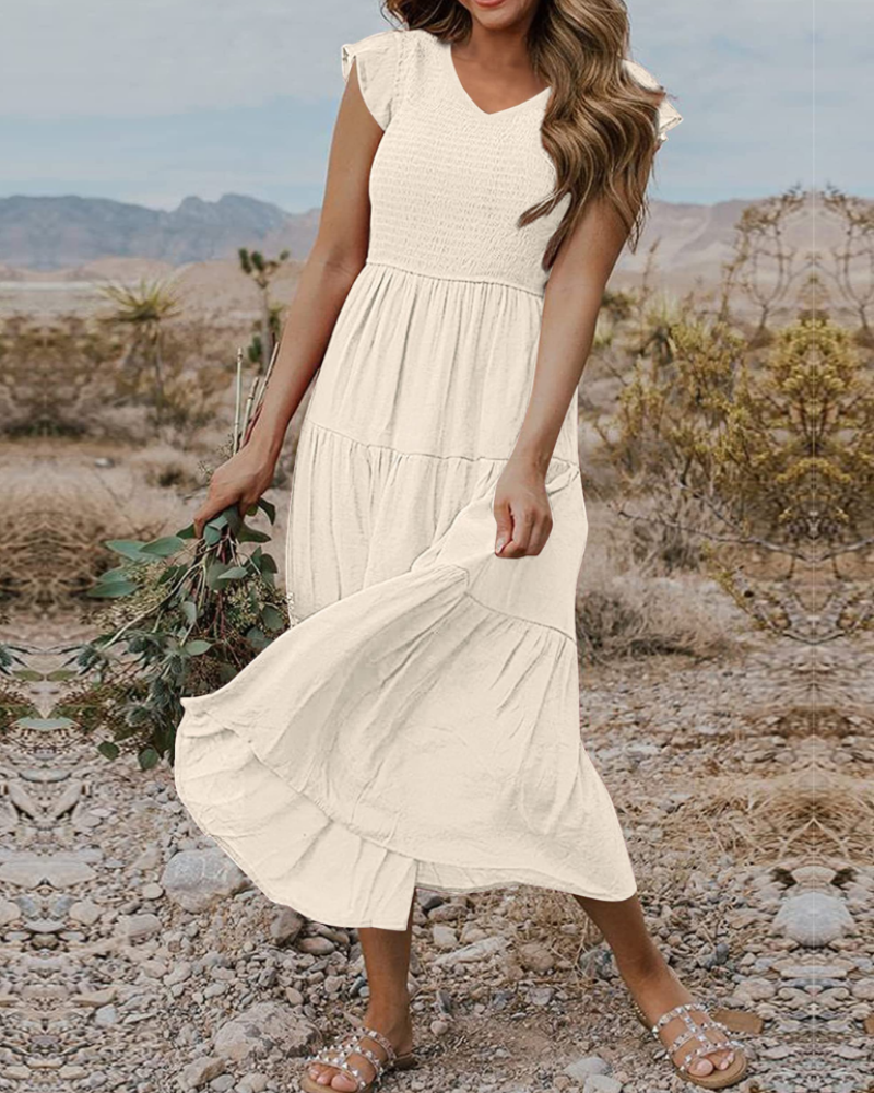 Vestito Midi Skye da Donna – Scollo a V, Arricciato, Maniche a Volant e Tasche