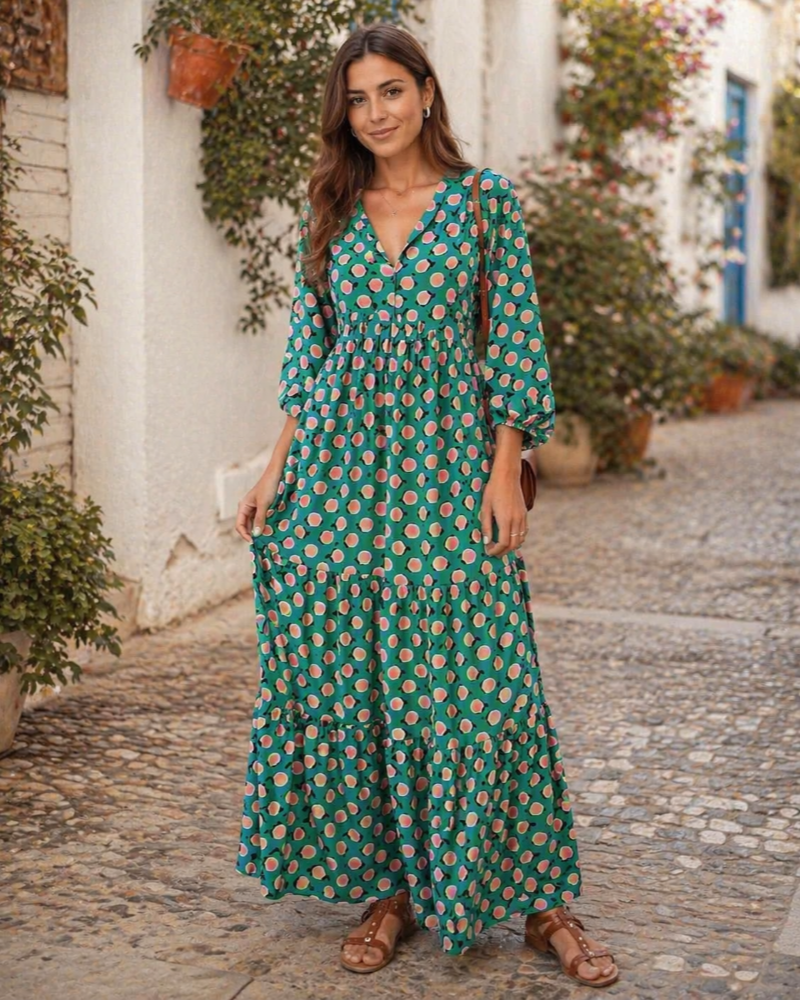 Rina Robe Boho Femme – Imprimé Floral, Col V & Manches Bouffantes Fluide Été