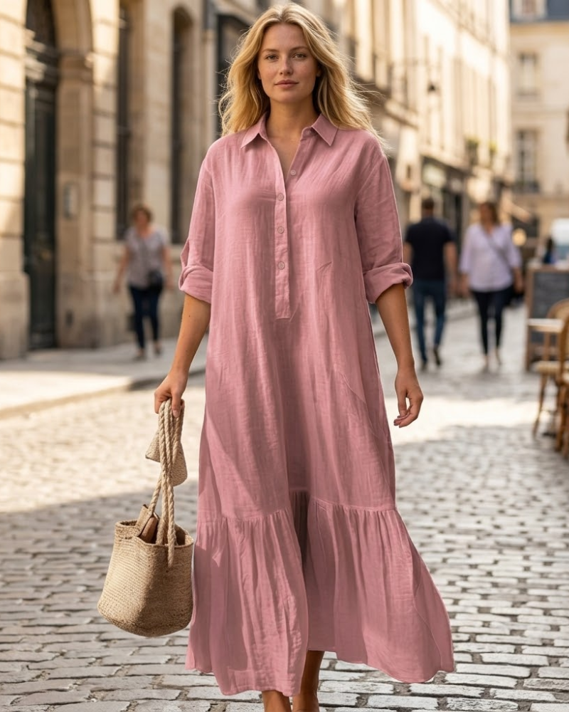 Élina Robe Longue Femme en Coton et Lin – Robe Chemise Ample à Ourlet Asymétrique