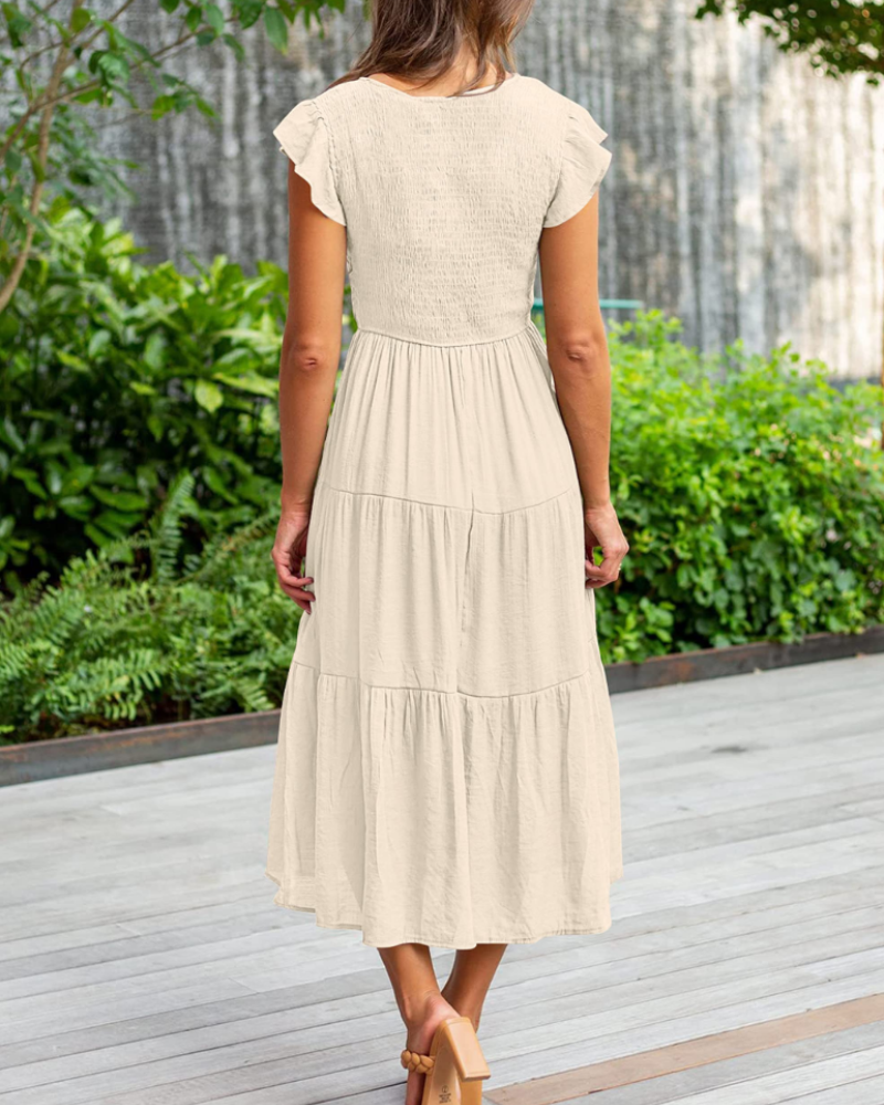 Vestito Midi Skye da Donna – Scollo a V, Arricciato, Maniche a Volant e Tasche