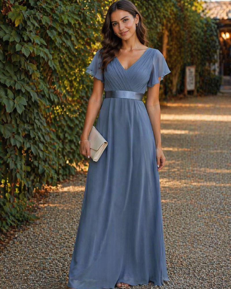 Skye Robe Longue Femme – Mousseline, Col V & Taille Empire Élégante Soirée