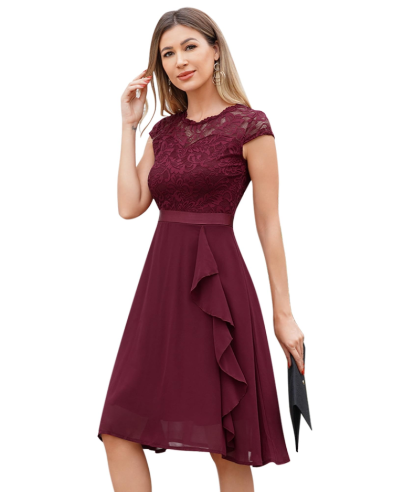 Vestido Roxy Cocktail Mulher – Vestido Renda Chiffon Folhos Elegante Midi