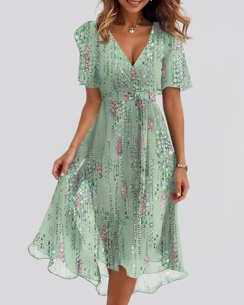 Cristina Robe Femme Midi Fleurie – Col V Cache-Cœur, Taille Ceinturée, Mousseline