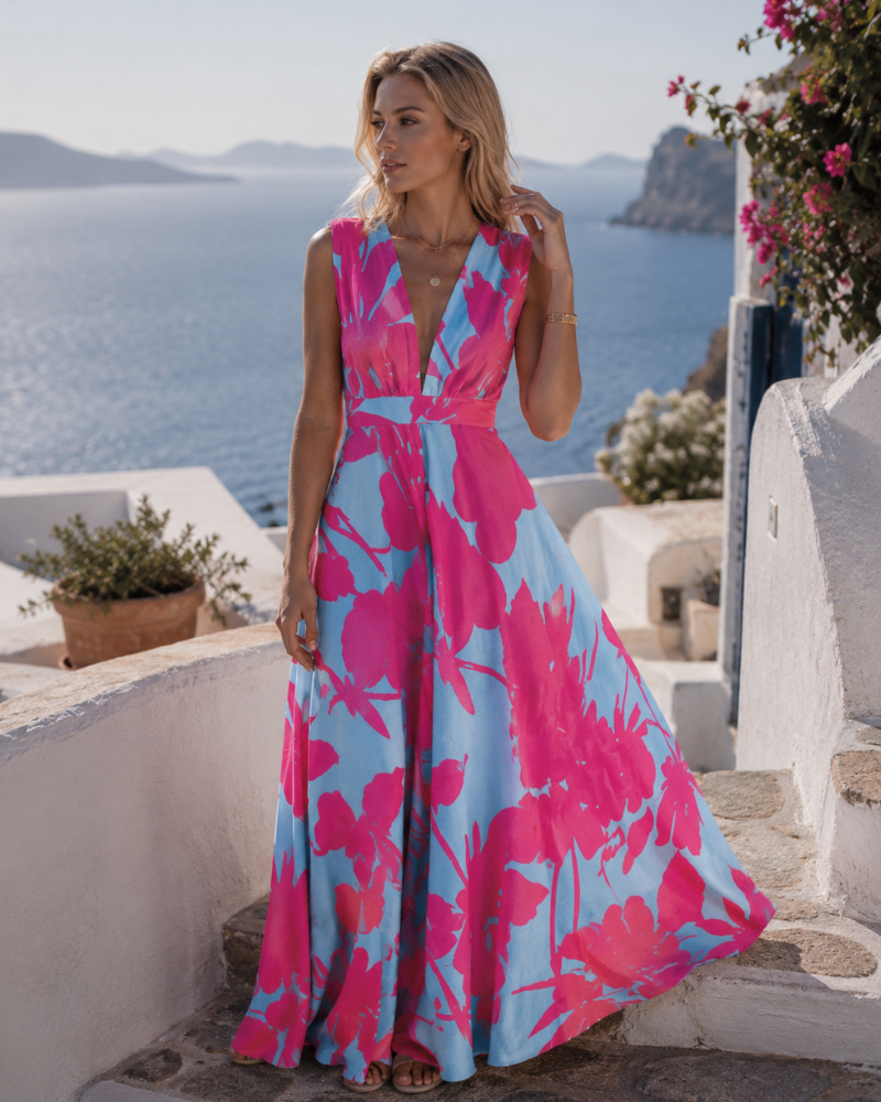 Juanna Robe Femme Imprimée – Col V, Sans Manches, Taille Haute, Coupe Fluide