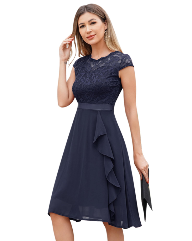 Vestido Roxy Cocktail Mulher – Vestido Renda Chiffon Folhos Elegante Midi