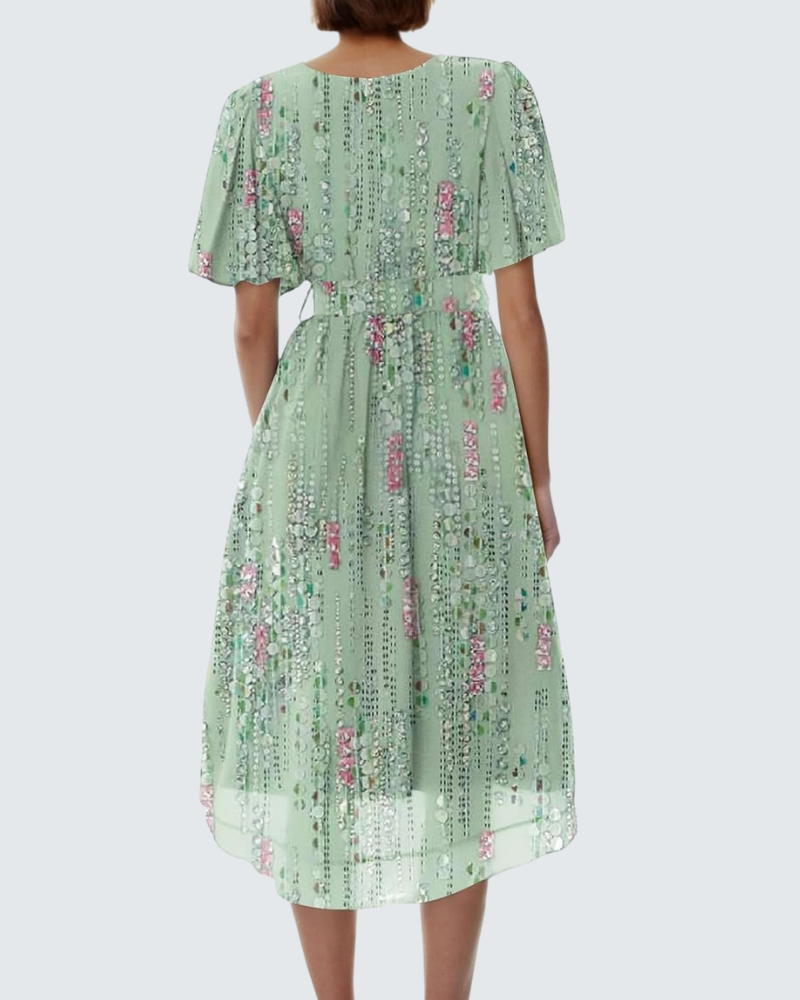 Cristina Robe Femme Midi Fleurie – Col V Cache-Cœur, Taille Ceinturée, Mousseline