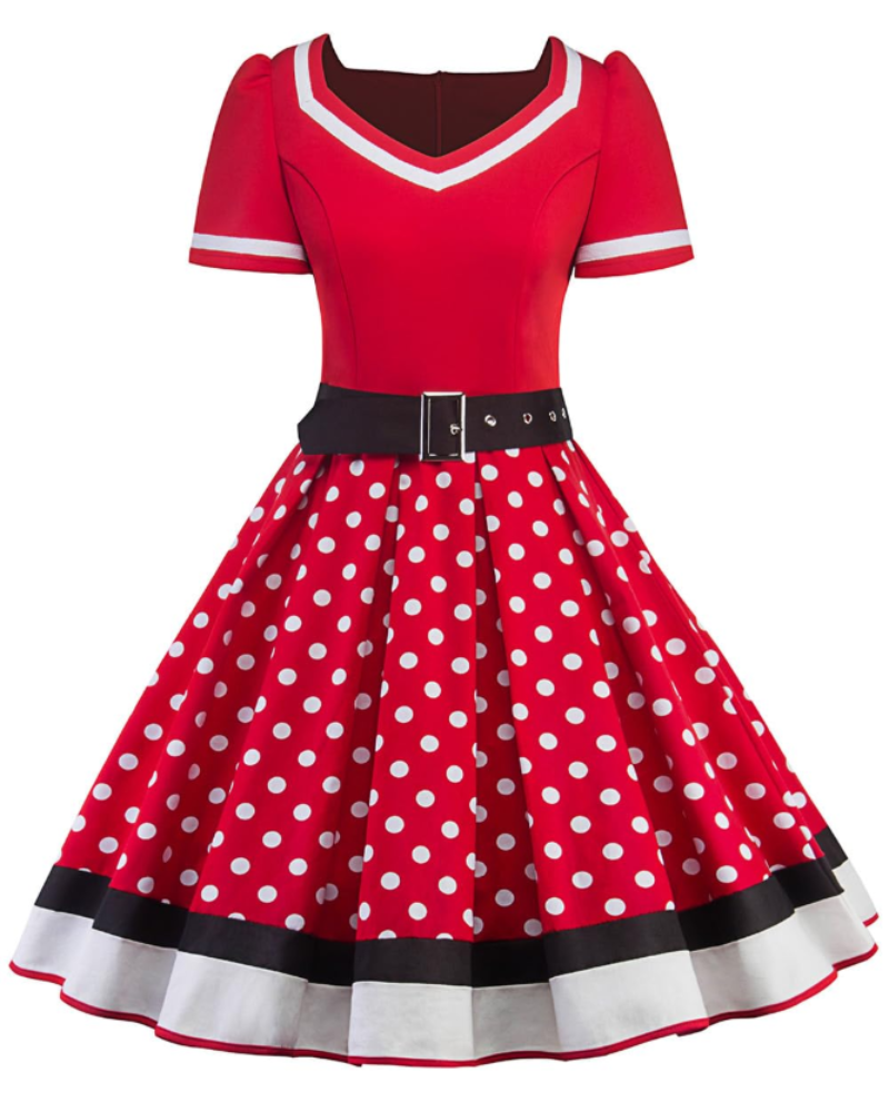 Dámské šaty Whitney ve stylu pin-up z 50. let – rockabilly šaty s puntíky, srdíčkovým výstřihem a páskem