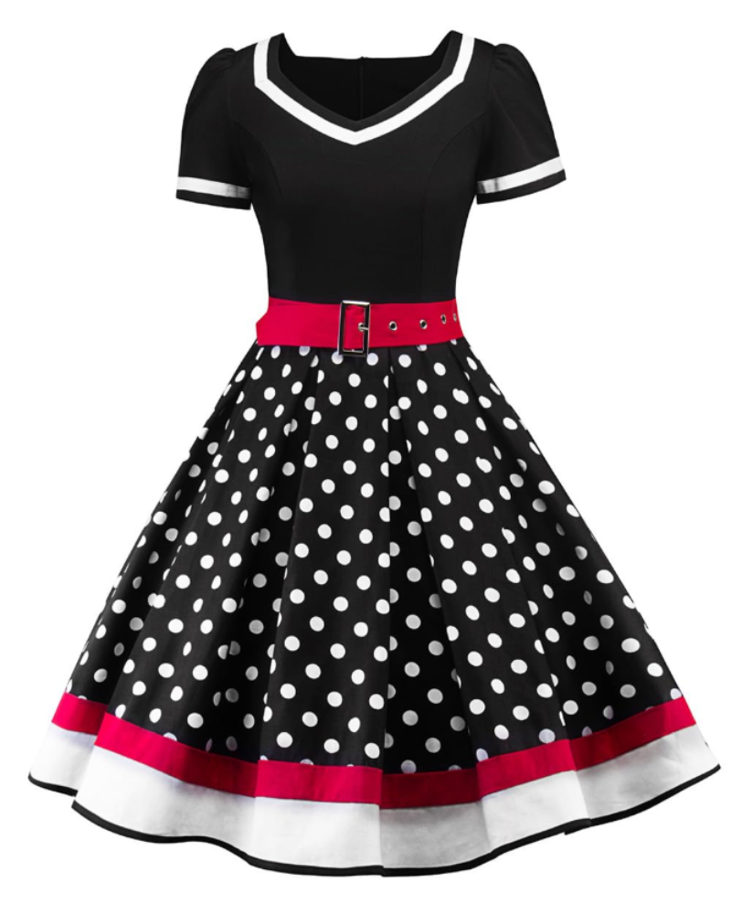 Dámské šaty Whitney ve stylu pin-up z 50. let – rockabilly šaty s puntíky, srdíčkovým výstřihem a páskem